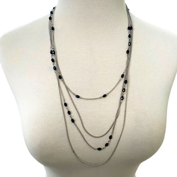 Silvertone and Black Beaded Tiered Necklace 22-25 Inches Lobster Clasp - Picture 1 of 6
